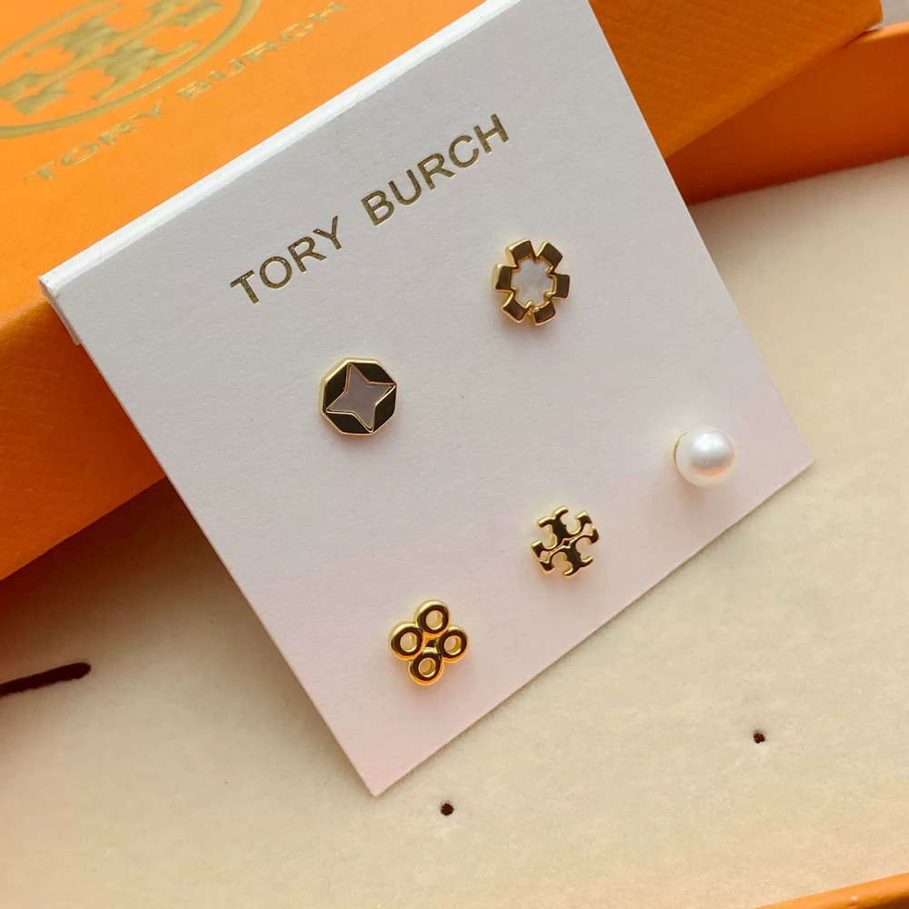 Tory Burch Irregular Shell Flower and Four Leaf Clover Earring Set